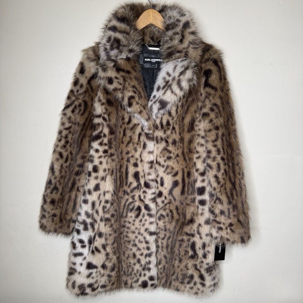 Karl Lagerfeld Paris Leopard Faux Fur Coat Womens Medium Mid Length NWT